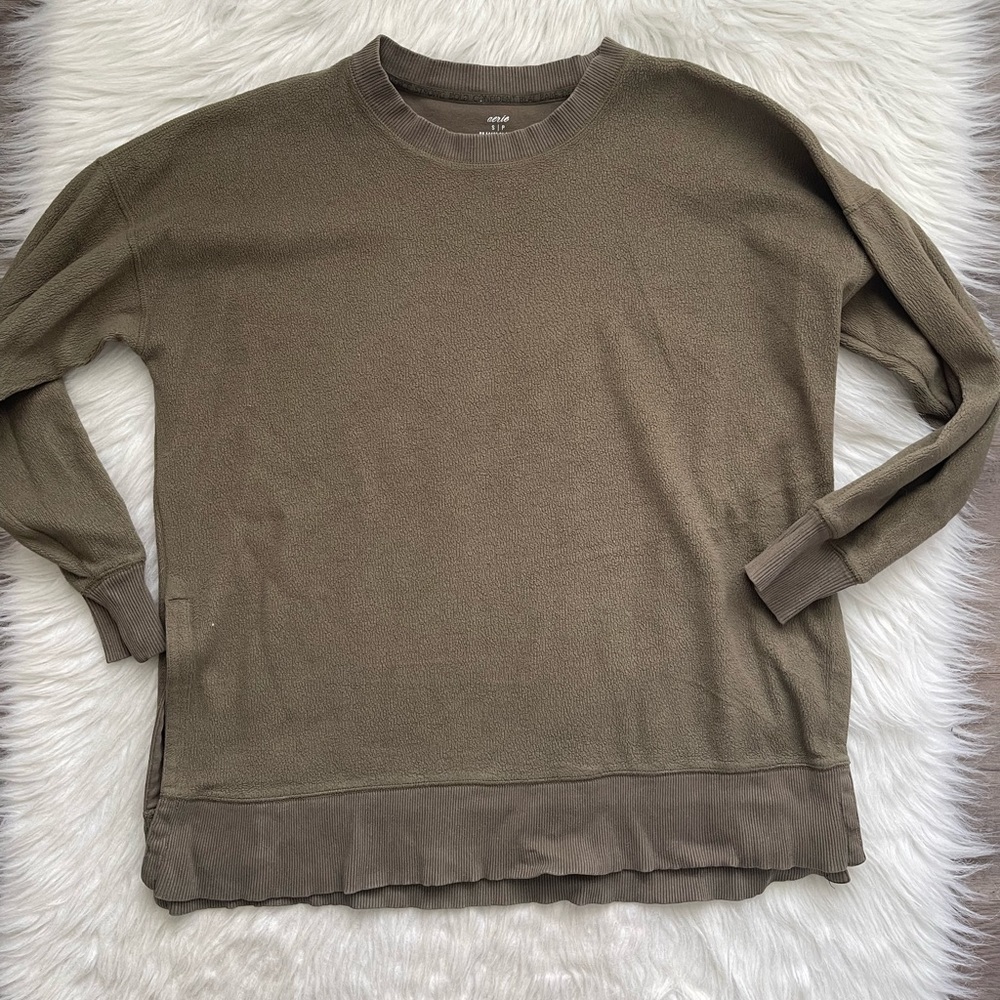 Aerie Olive Green Side Slit Crewneck Pullover Sweatshirt Size Small